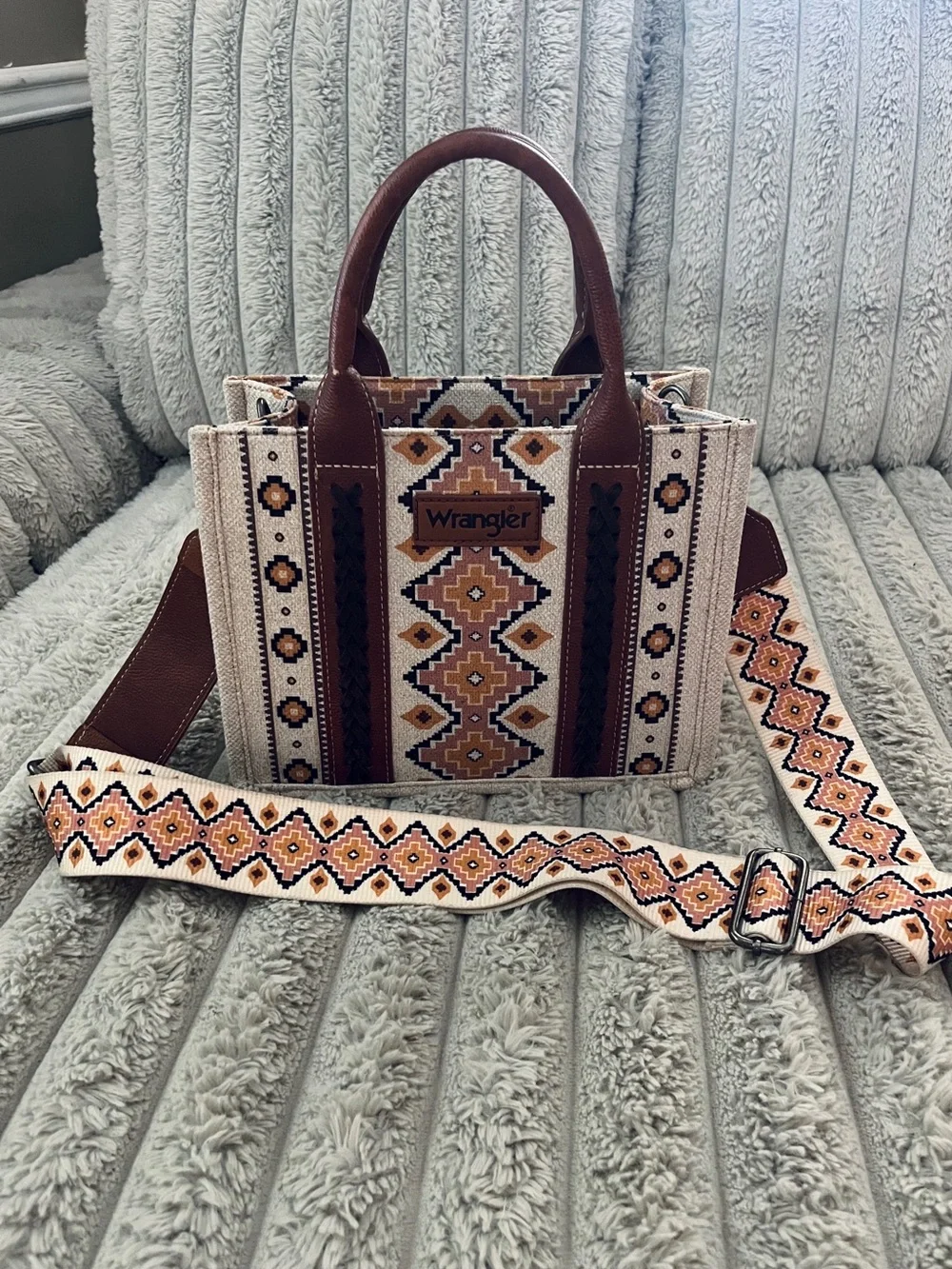 Wrangler Brown and Cream Geometric Crossbody Tote with Patterned Strap